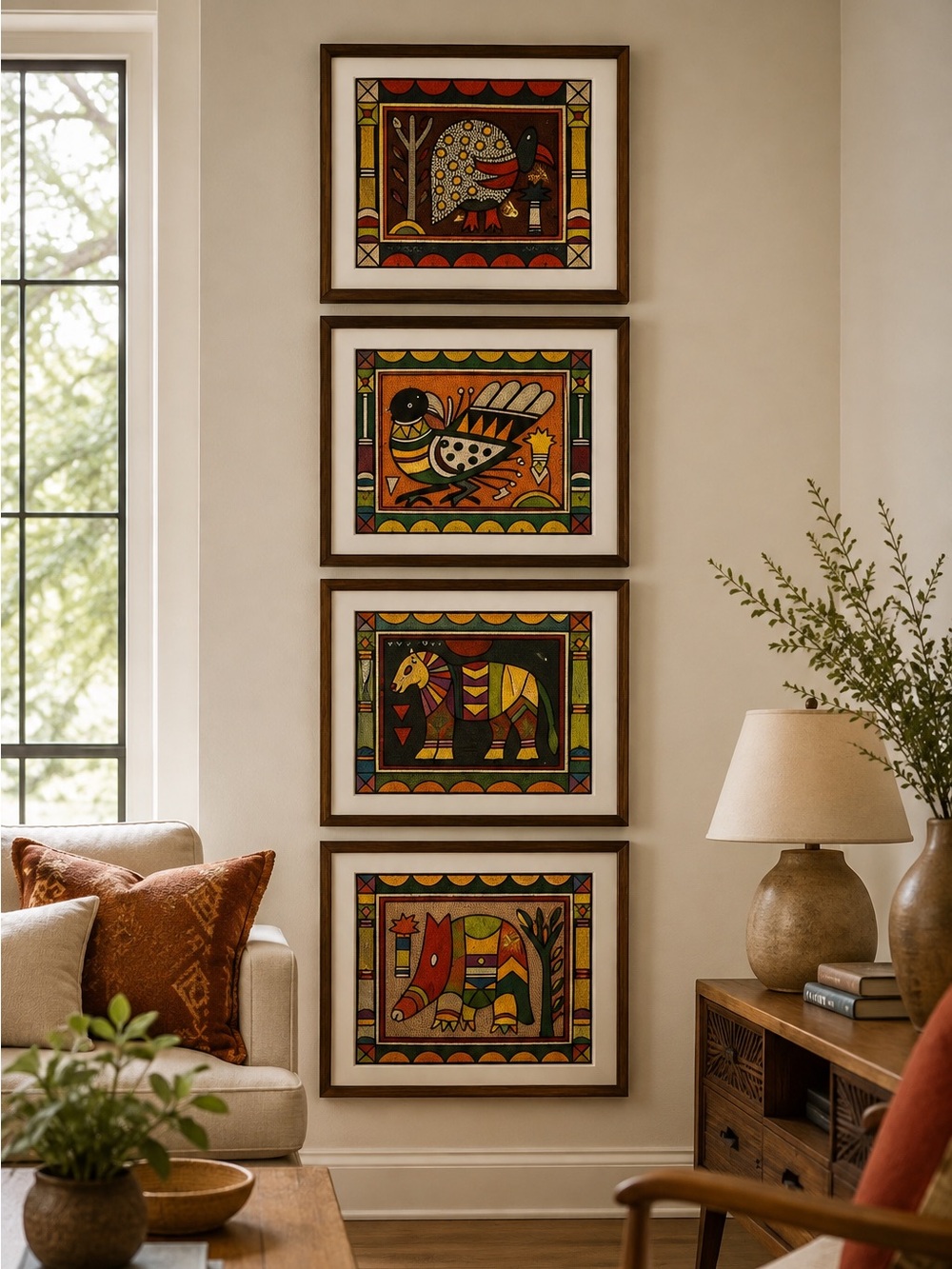 Kaross South Africa Hand Embroidered Textile Wall Art Set of 4 African Folk Art